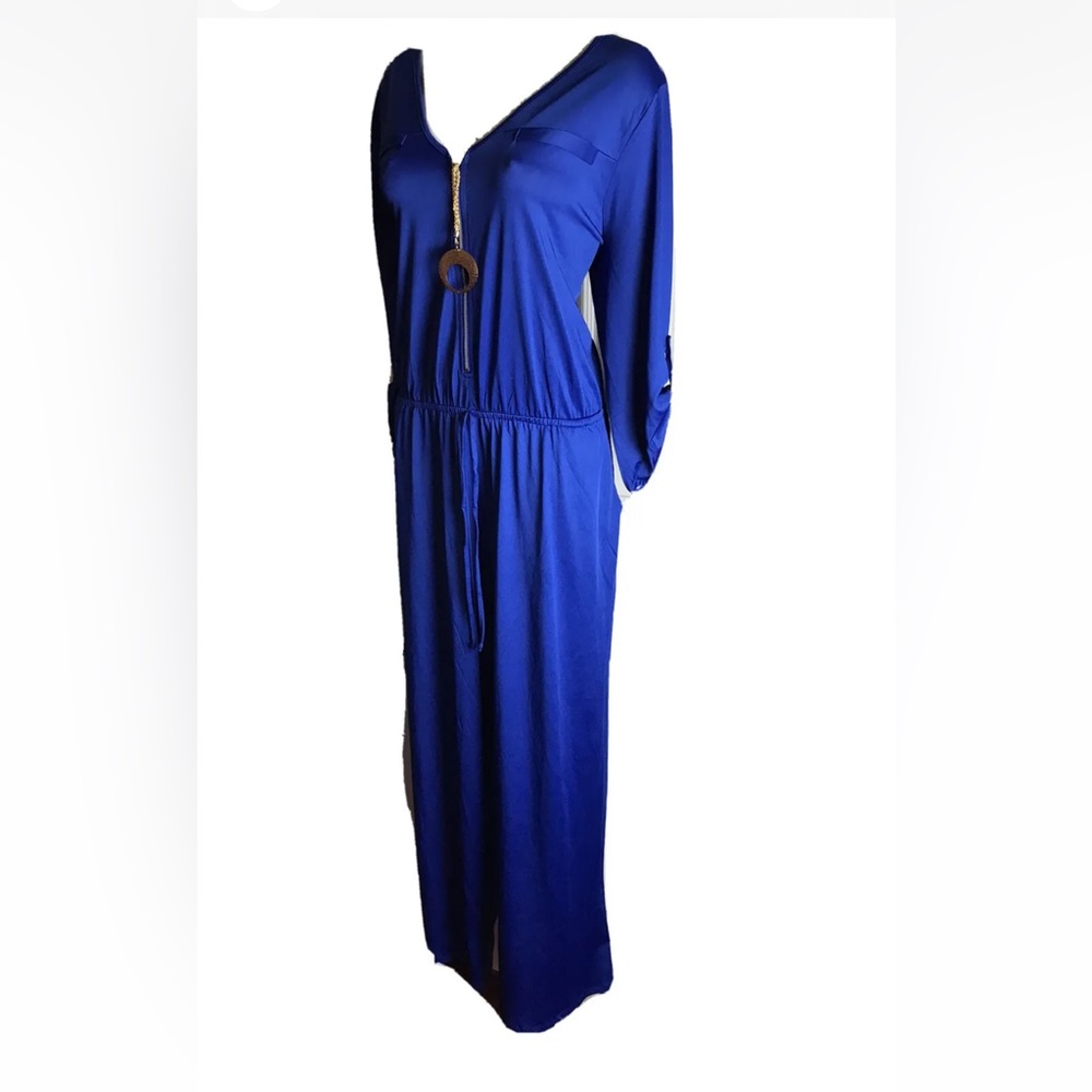 Women's Ups & Downs -3/4 Roll Tab Sleeve Blue Jumpsuit Zippered Front - Size 3X
